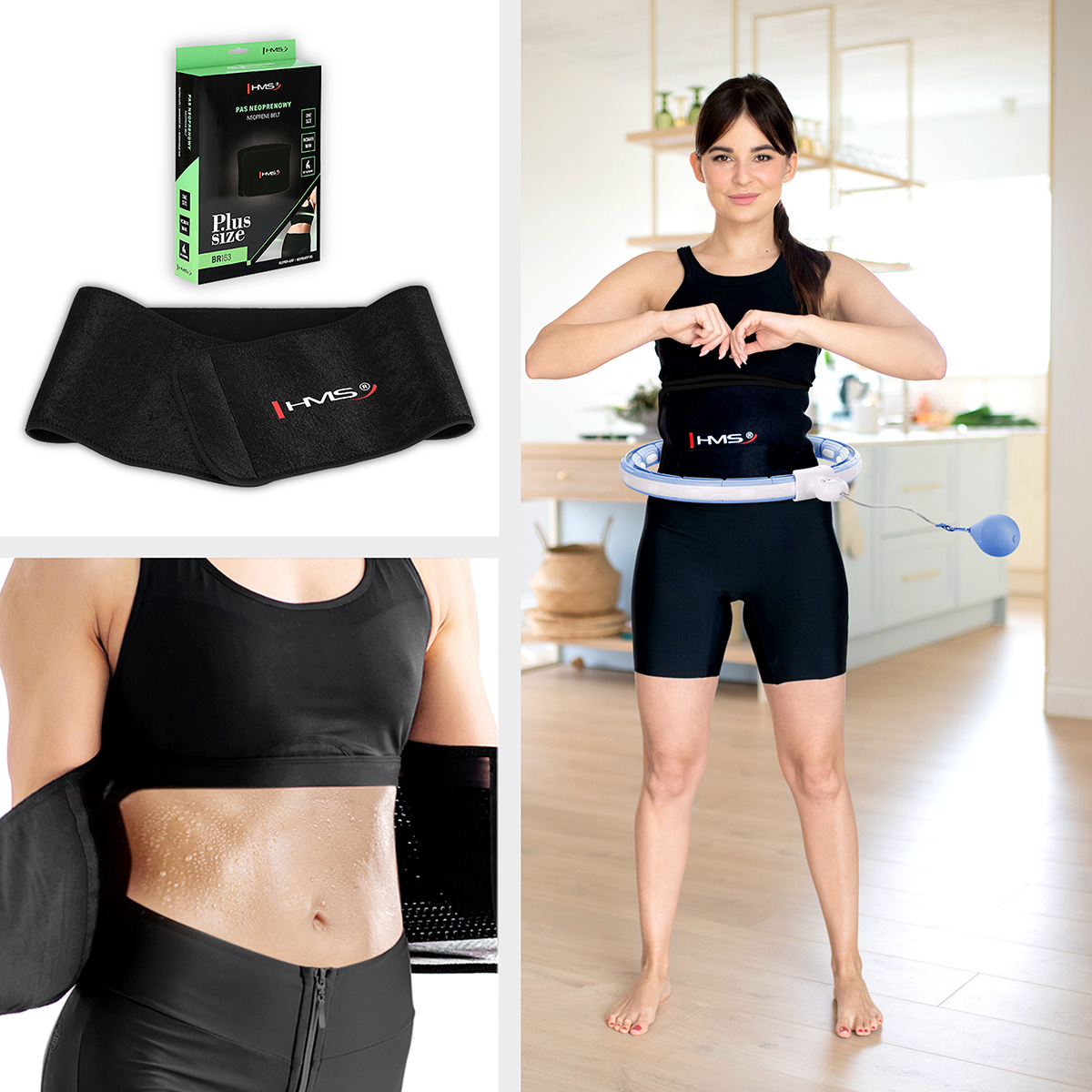 Sada masážní hula hoop HMS HHM15 modrá se závažím, magnety a počítadlem a zeštíhlujícího pásu BR163 PLUS SIZE