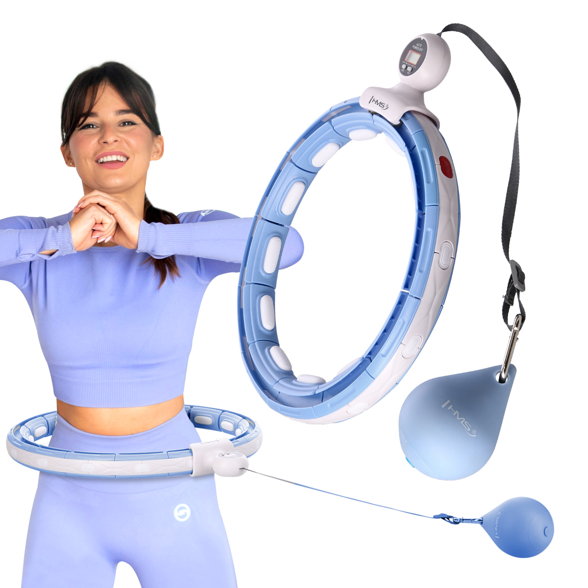 Sada masážní hula hoop HMS HHM15 se závažím, magnety a počítadlem a zeštíhlujícícho pásu BR163 modrá