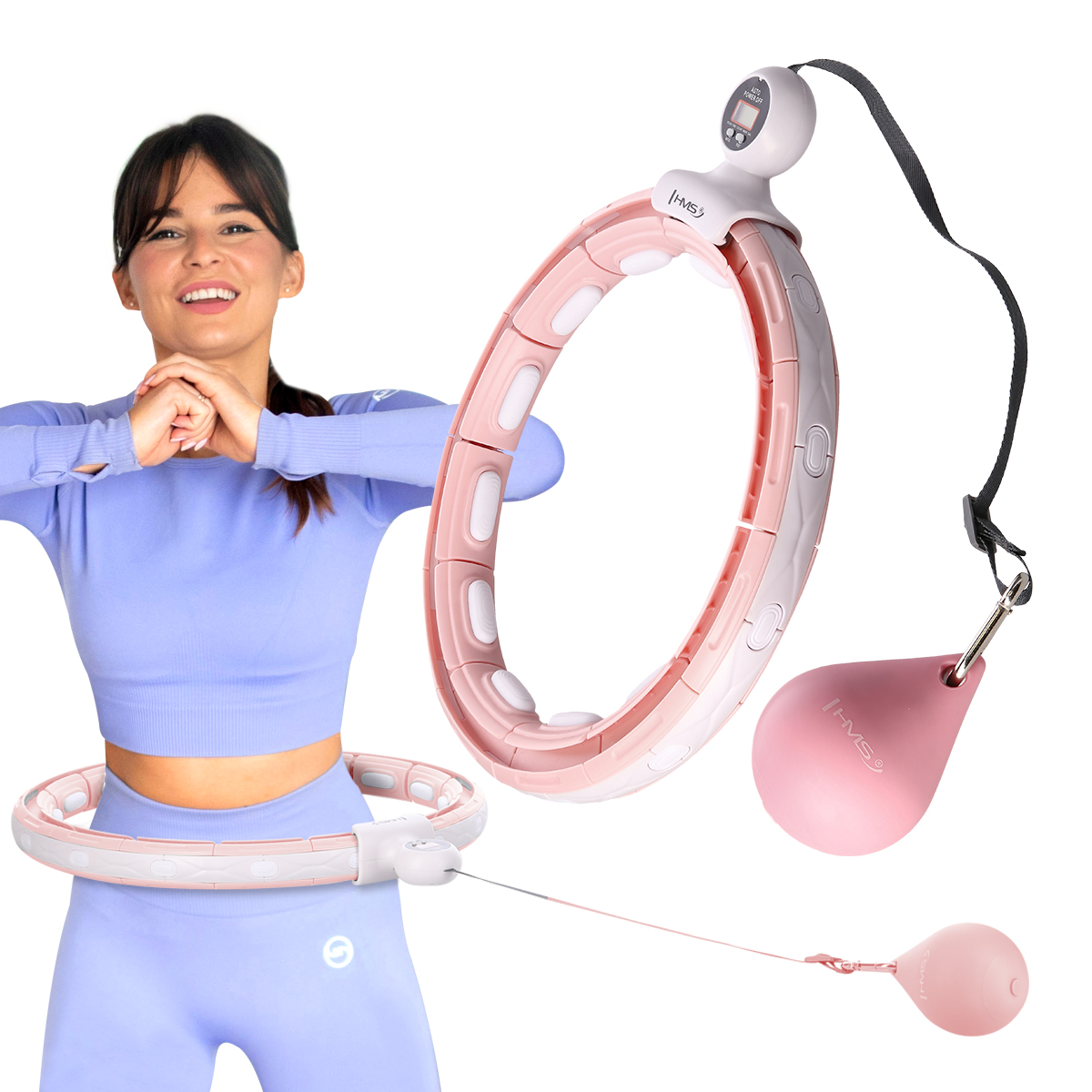Sada masážní hula hoop HMS HHM15 se závažím, magnety a počítadlem a zeštíhlujícího pásu BR163 růžová