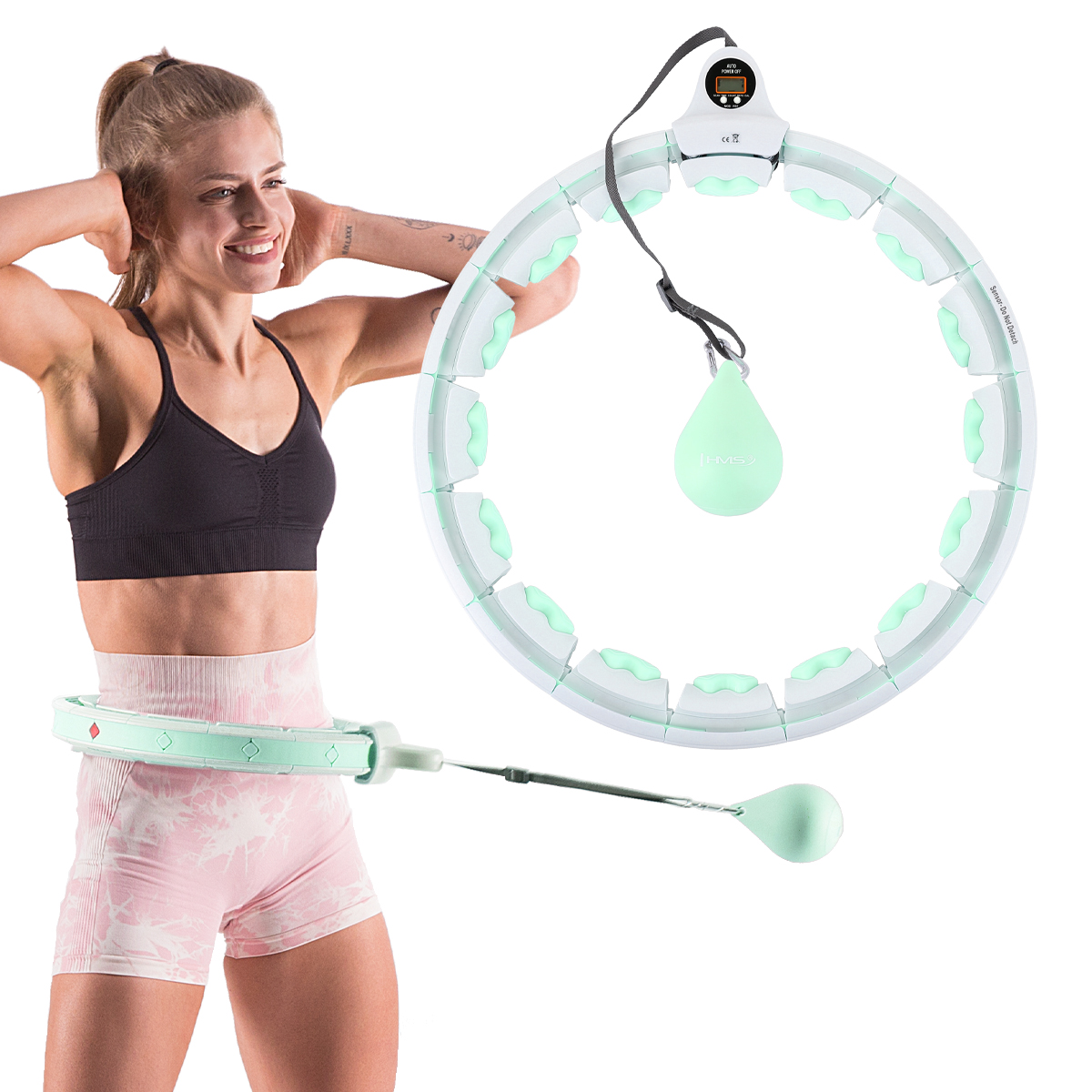 Sada masážní hula hoop HMS HHW06 zelená se závažím a počítadlem a zeštíhlujícího pásu BR163 plus size