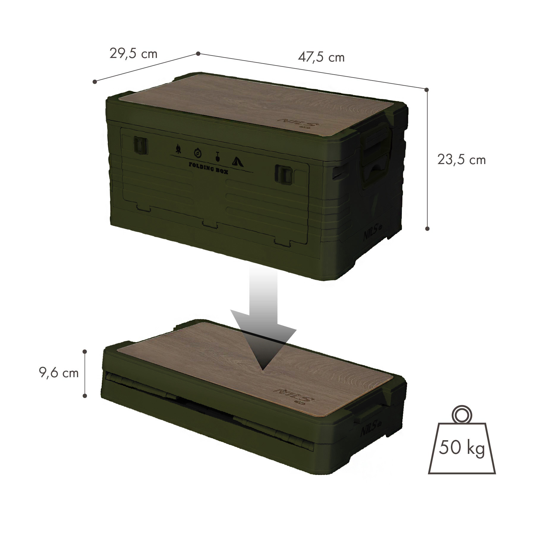 Skládací box NILS Camp NCB4002 2v1 s víkem a dřevěnou deskou 32L zelený